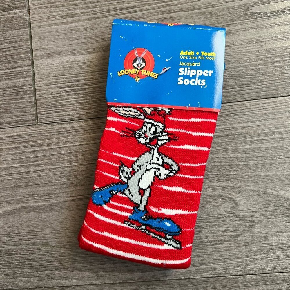 Vintage 90s Looney Tunes Bugs Bunny Slipper Socks Snowflake One Size